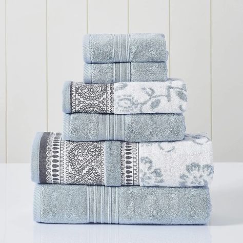 Modern Threads 6 Piece Set, 2 Bath Towels, 2 Hand Towels, 2 Washcloths Yarn Dyed Jacquard/Solid Towel Set Ophelia Blue Shades Of Light Blue, The Other Half, Fabric Yarn, Cotton Bath Towels, Other Half, Jacquard Pattern, Bath Towel Sets, Bathroom Towels, Cotton Towels