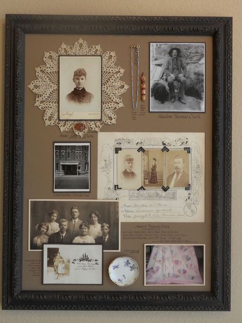 Shadow box or frame to display old photos, small keepsakes, postcards, etc. Anthropologie Decor Diy, Ancestry Wall, Crazy Decor, Genealogy Crafts, Mail Station, Shadow Box Memory, Cadre Diy, Molduras Vintage, Heritage Scrapbooking