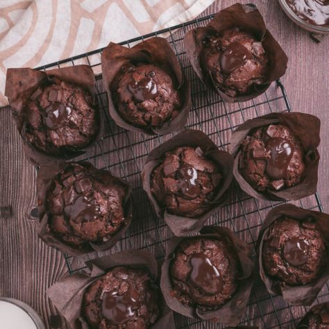 Olympic Village Chocolate Muffins Copycat - Gimme From Scratch Olympic Village, Filled Muffins, Muffin Liners, Small Spoon, Chocolate Muffins, Recipe Images, Plain Greek Yogurt, Unsweetened Cocoa, Semisweet Chocolate