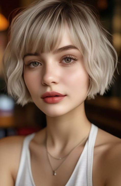 Ash Blonde French Bob with Soft Waves Textured French Bob With Bangs, Short Blonde Middle Part, Short Blonde French Bob, French Bob Blonde Short Hair, French Bob With Bangs Over 50, French Bob With Bangs Blonde, Short Hair Cuts Blonde, Blond Bob With Bangs, French Bob Blonde