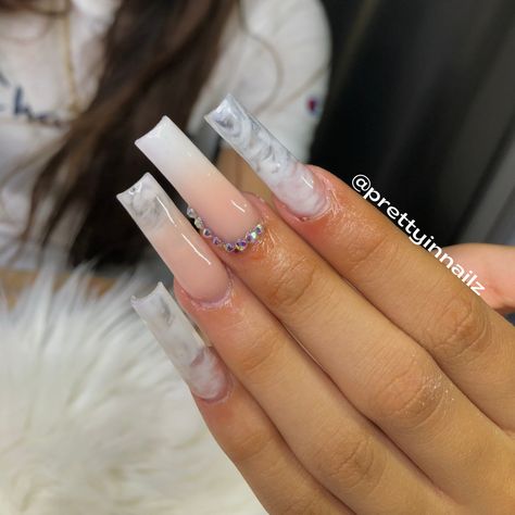 Tapered Square Marble Nails, Pink And White Ombre Nails Tapered Square, Xl Ombre Acrylic Nails, Black Marble Ombre Nails, White Marble Ombre Nails, Xl Square Nails Designs, Ombre And Marble Nails, Xl Tapered Square Nails, Taper Square Nails