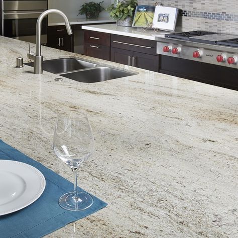 Kashmire Cream Cream Granite Countertops, Cream Cabinets, Replacing Kitchen Countertops, Arizona Tile, Kitchen Remodel Countertops, Stone Granite, Kitchen Countertop Materials, Countertop Surfaces, Tile Countertops