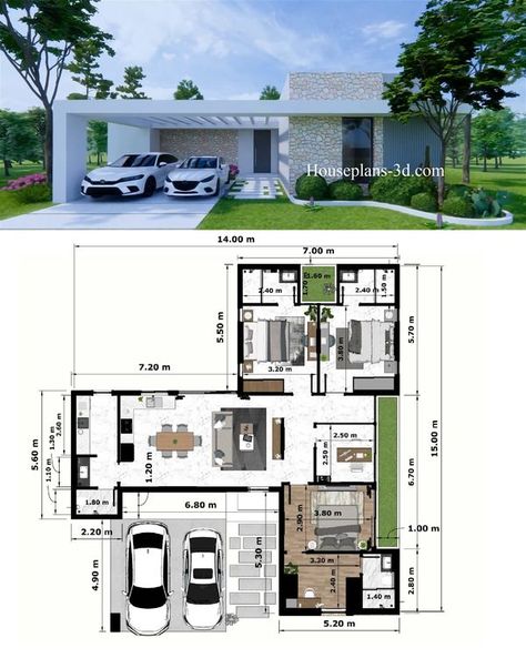 Roofless House Design, 10x15 House Plan, Banglow Design, Modern Bungalow House Plans, House Design Plans, Small Modern House Plans, Modern House Floor Plans, Small House Layout, House Ceiling Design