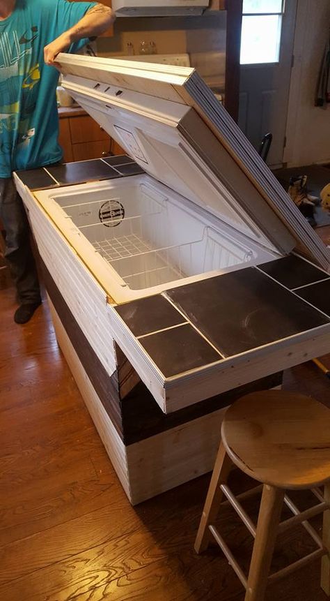 Chest Freezer Kitchen Island, Old Freezer Ideas, Deep Freezer Kitchen Island, Freezer Ideas Decor, Chest Freezer Makeover, Freezer Disguise, Deep Freezer Makeover, Freezer Cabinet, Appliance Makeover