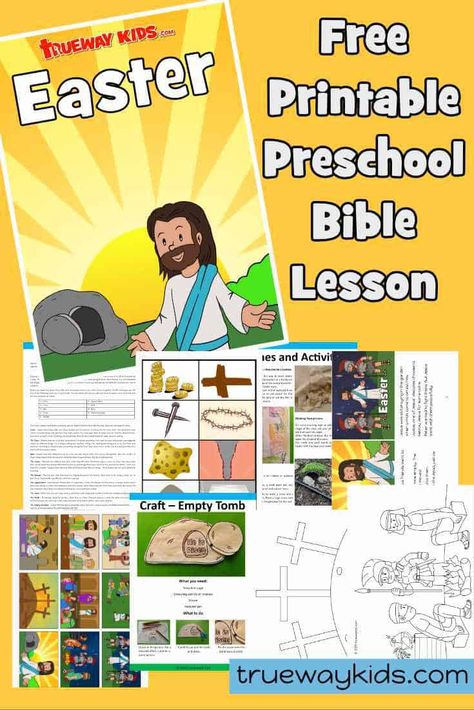 Free printable Easter Bible lesson. Covering good Friday through to Easter. Empty tomb craft, coloring pages, Easter Bible games and Activities for home. Ideal for preschool children Easter Story For Preschoolers, Easter Lesson Plans Preschool, Empty Tomb Craft, Easter Sunday School Activities, Easter Empty Tomb, Easter Story For Kids, Coloring Pages Easter, Trueway Kids, Easter Lessons