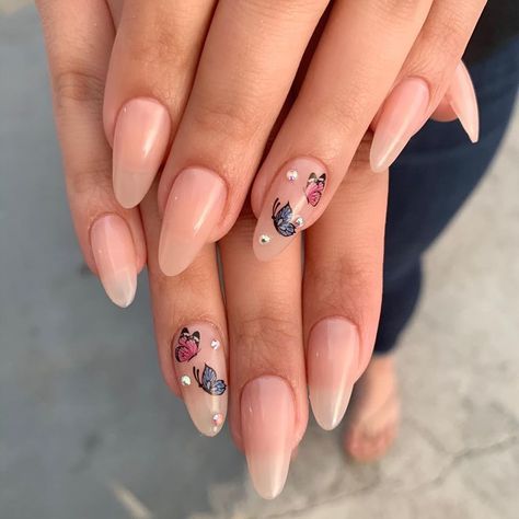 Nude Nails With Butterflies, Almond Shape Nails Designs, Pink Almond Shaped Nails, Rhinestones Nails, Almond Shaped Nails Designs, Cute Almond Nails, Channel Ring, Almond Shaped Nails, Shape Nails