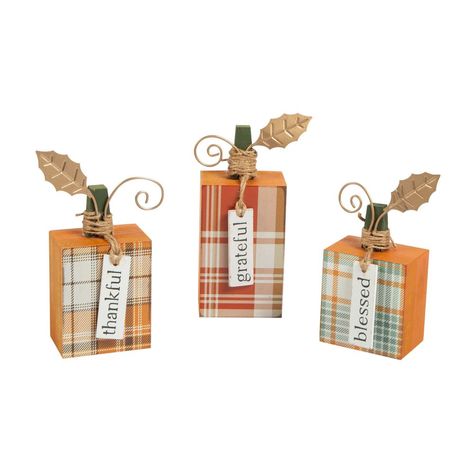 Looking to spruce up your seasonal home decor? These square, plaid pumpkin decorations are the perfect addition to Fall decorations! Each piece features a tag with a simple word: thankful, grateful and blessed. Makes a unique centerpiece idea for your Thanksgiving dining table, too! Wood. (3 pcs. per set) 4" - 7" Thanksgiving Dining Table, Thanksgiving Dining, Fall Crafts For Adults, Plaid Pumpkin, Fall Pumpkin Crafts, Pumpkin Decorations, Coaster Crafts, Craft Booth Displays, Rustic Pumpkin