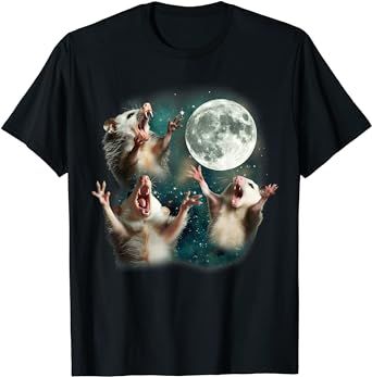 In the cursed Three Opossum Moon region, possums don't just howl, they channel magical energy from the moon. Ever heard of the 3 Possum Moon meme? It's more than a joke ��– it's a nod to the mystical magic of the Possum race. Opossum Funny, Silly Shirt, Weird Gifts, Moon Shirt, Meme Design, Mouse Print, Gerbil, Meme Tshirts, T Shirt Costumes