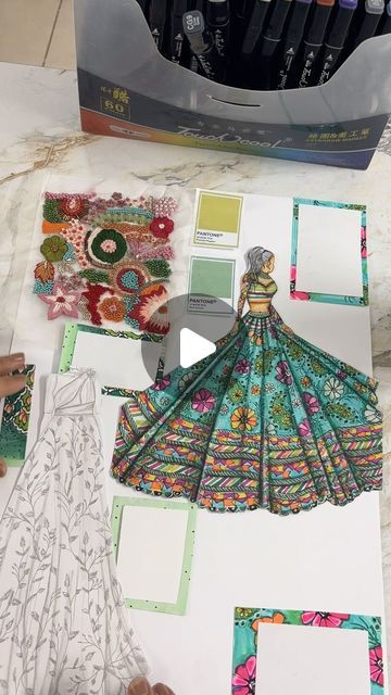 Illustrations By Mohita | Fashion Designer on Instagram: "Fashion board challenge Theme: Enchanting Colour Medley Color Palette: Jewel tones: Ruby red, Sapphire blue, Emerald green Pastels: Blush pink, Mint green, Lavender Metallic accents: Gold, Silver, Bronze Embroidery Techniques: Threadwork: Multi-thread embroidery for intricate detailing Varied stitch styles: satin, chain, and French knots Mirror Work: Small and large mirrors for a reflective effect Geometric patterns with mirrored accents Sequins and Beads: Multicolor sequins for a playful touch Beadwork in contrasting shades for texture Lehenga Styles: Flared Silhouettes: A-line and circular lehengas for twirl-worthy elegance Color-blocking with contrasting embroidery Contemporary Drapes: Modern draped lehengas with asymmetric Color Palette Jewel Tones, Bronze Embroidery, Embroidery Contemporary, Lehenga Styles, Modern Drape, Large Mirrors, Multicolor Sequins, Blue Emerald, Green Lavender