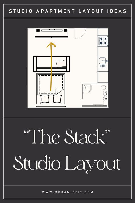 5 Studio Apartment Layout Ideas That Will Make Your Studio Flow Beautifully — Moda Misfit | Small Apartment Styling + Cozy Living Long Studio Apartment Layout Floor Plans, Awkward Apartment Layout, Cosy Studio Apartment Ideas, Studio Apartment Ideas For Men Layout, Ny Small Apartment Interior, Small Studio Apartment Ideas For Men, Studio Room Design Ideas, 200 Sqft Studio Apartment Ideas, Studio Apartment Layouts