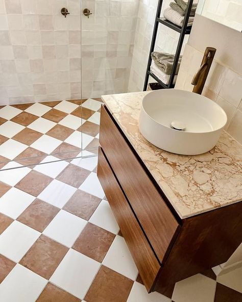 Checkerboard Bathroom Floor, Checkerboard Bathroom, Beach Tile, Brass Taps, Boat Harbour, Brick Cottage, Mid Century Modern Interior Design, Checkerboard Floor, Mid Century Modern Bathroom