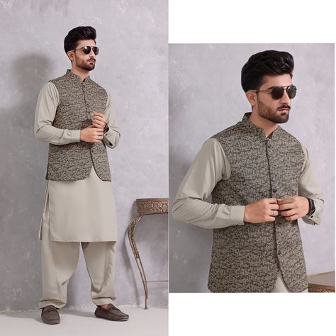 Colour: Green Fabric: Suiting Men's Formal Jute Suiting Waistcoat with Matching Blended Kameez Shalwar having Band Collar and Cuff Sleeves. Kurta Pajama Men With Waist Coat, Kurta Pajama Waistcoat Men, Waistcoat Designs For Men Shalwar Kameez, Men Shalwar Kameez With Waist Coat, Prince Coat With Shalwar Kameez, Kurta Pajama With Shawl, Chikan Embroidery, Prince Coat, Black Kurta