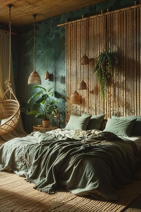 Bohemian Hotel Room, Bamboo Wall Bedroom, Bamboo Bedroom Ideas, Bamboo Accent Wall, Bedroom With Vines, Hammock Chair In Bedroom, Bamboo Wall Design, Accent Wall Headboard, Green Boho Room