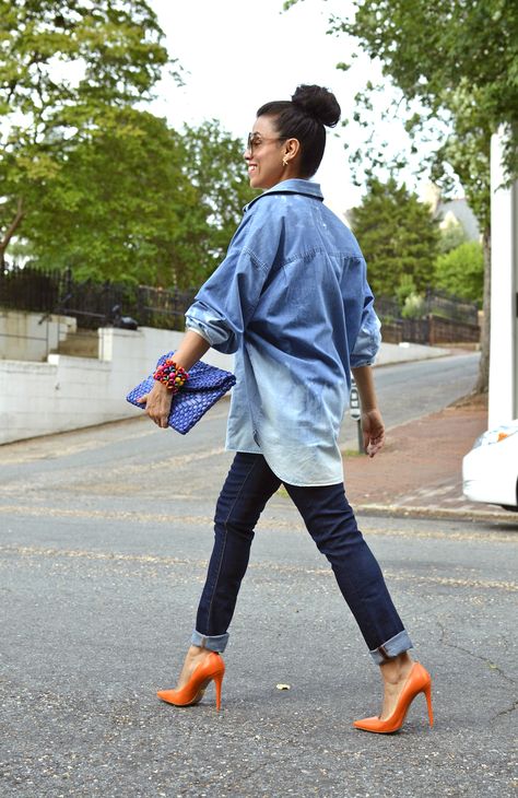 Tie-Dyed Oversized Denim Shirt | MY SMALL WARDROBE Oversize Denim Shirt Outfit, Oversized Denim Shirt Outfit Women, Oversized Jean Shirt Outfits, Long White Shirt Outfit, Purim Makeup, Oversized Denim Shirt Outfit, Denim Shirt Outfit Women, Orange Shirt Outfit, Tiger Makeup