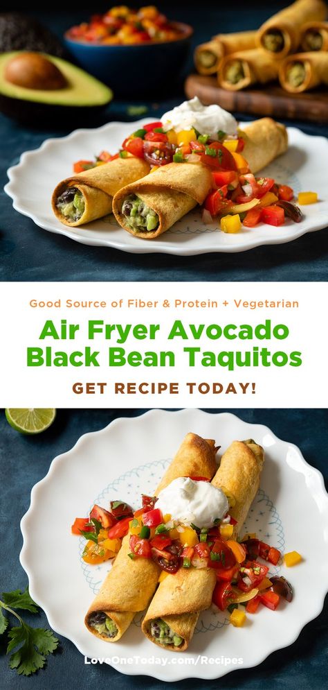 A twist on the traditional favorite, this taquitos recipe is easy and satisfying for a meatless lunch or dinner. Golden brown and crispy in minutes in an air fryer, these taquitos are bursting with flavor and provide an excellent source of fiber and good source of protein. The fresh avocado adds dietary fiber and good fats to help keep you feeling fuller longer. Good Source of Fiber, Good Source of Protein, No Added Sugars, Vegetarian. #Avocados #AvocadoRecipes #SaboreaUnoHoy #Aguacate 🥑 Black Bean Taquitos, Air Fryer Avocado, Meatless Lunch, Bean Taquitos, Best Avocado Recipes, Taquitos Recipe, Fresh Avocado, Hispanic Food, Light Snacks