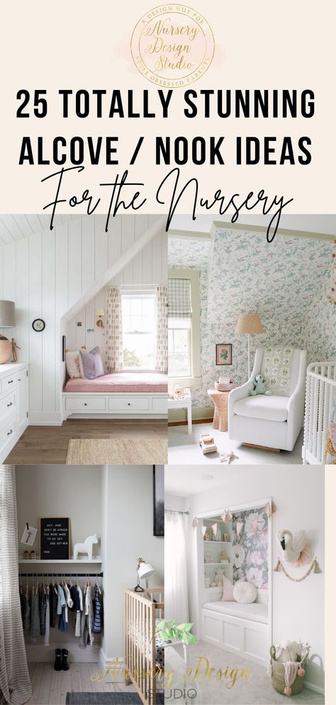 Here are some beautiful and unexpected ways to liven up nursery alcoves or nooks.Thinking outside of the box, you can utilize these tricky spaces to your advantage if you happen to have one. Whether adding a reading nook, a nursery nook, or a playing area, the possibilities are endless when decorating nursery alcoves. Nursery Nook In Bedroom, Nursery Window Seat, Attic Nursery, Book Nook Closet, Toddler Reading Nooks, Up Nursery, Smart Nursery, Decorating Nursery, Shared Nursery