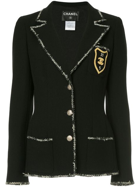 CHANEL PRE-OWNED patch detail blazer - Black Chanel Tweed Jacket, Chanel Jacket, Chanel Vintage, Chanel Fashion, Black Women Fashion, Blazer Fashion, Chanel Black, Jacket Design, Vintage Chanel