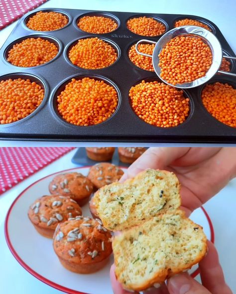 Lentils are often seen in soups or stews, but this Lentil and Cheese Savory Cake turns them into a unique, protein-packed treat. Blended with eggs, yogurt, and cheese, this savory cake offers a light and fluffy texture that’s full of flavor. Perfect for breakfast, a snack, or even a healthy side dish, this cake is rich in fiber and nutrients, thanks to the lentils and fresh herbs. The addition of black cumin and red pepper flakes adds a subtle spiciness, while the sunflower seeds on top give it Lentil Snack Recipes, Red Lentil Muffins, Breakfast Lentils, Insuline Resistance, Lentil Muffins, Emma Food, Easy Chicken Breast Dinner, Healthy Bread Alternatives, Cottage Cheese Muffins