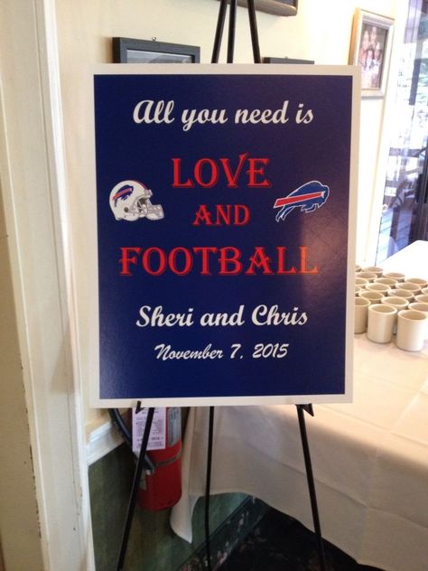 Nfl Wedding Ideas, Football Bridal Shower Theme, Football Engagement Party, Football Themed Wedding Reception, Raider Wedding, Buffalo Bills Wedding, Football Wedding Ideas, Football Wedding Theme, Sports Themed Wedding