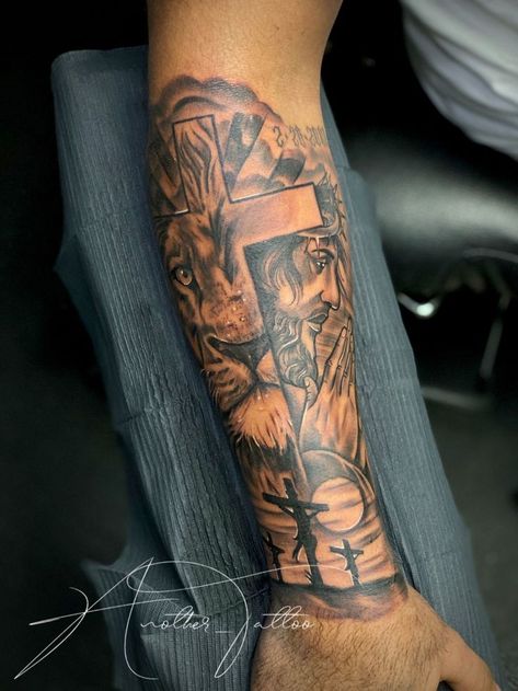 Lion Jesus Tattoo in 2021 | Tattoos, Sleeve tattoos, Arm tattoos for guys Lion And Cross Forearm Tattoos, United States Tattoo Ideas, Cross Sleeve Tattoos Mens Arm, Good Men Tattoo Ideas, Unique Pisces Tattoos Men, Lion Cross Clock Tattoo, Biblical Forearm Tattoo, Lion Of The Tribe Of Judah Tattoo, Millwright Tattoo