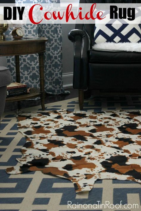 Simple and cheap to make. A great alternative to a real cowhide. DIY Cowhide Rug (No Painting Required!) via RainonaTinRoof.com #diy #cowhide #rug Fake Cowhide Rug, Diy Cowhide Rug, Rug Hacks, Cow Print Rug, Faux Cowhide Rug, Cow Rug, Cowhide Fabric, Rug Diy, Diy Carpet Cleaner