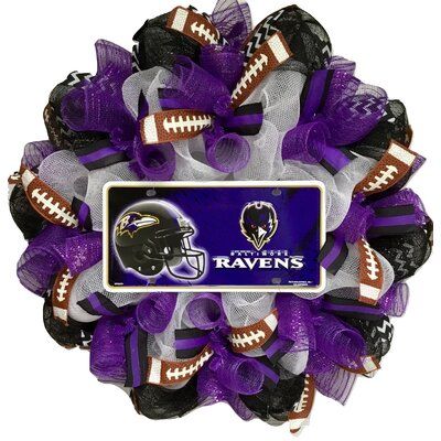 The Holiday Aisle® Beautiful, large, premium custom made Football wreath. Choose your team and colors.  Premium deco mesh is used for the base along with colorful ribbons to match your team.   You can choose multiple teams! Large, team license plate rests in the center NFL Team: Baltimore Ravens Football Banquet Centerpieces, Football Team Wreaths, Ravens Wreath, Sports Wreath, Diy Deco Mesh Wreath, Baltimore Ravens Football, Ravens Football, Sports Wreaths, Burlap Christmas Wreath