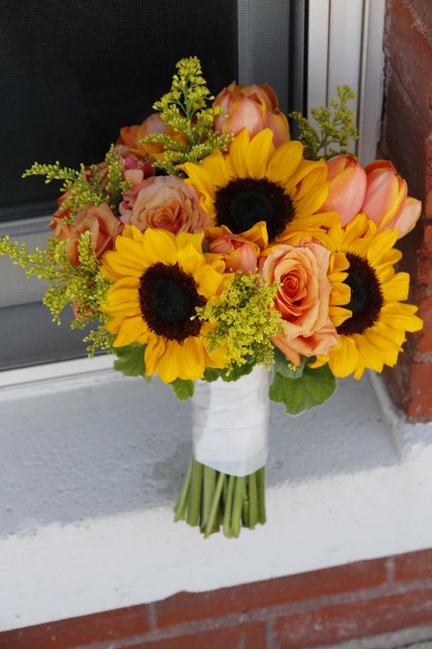 yellow and orange bouquet with wedding flowers like sunflowers and tulips, Dallas wedding flowers by AntebellumDesign.com Sunflowers And Tulips, Wedding Flowers Orange, Inexpensive Wedding Flowers, Homecoming Flowers, Wedding Flowers Tulips, Country Wedding Flowers, Wedding Flowers Sunflowers, Peach Wedding Flowers, Orange Bouquets