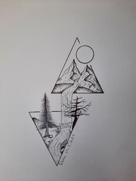 Ink illustration .split scenery 
Ink drawing 
Ink triangle drawing Triangle Mountain Tattoo Geometric Art, Geometric Camping Tattoo, Geometric Landscape Tattoo, Triangle Mountain Tattoo, Mountain Geometric Tattoo, Mountain Drawing Sketches, Geometric Tattoo Tree, Triangle Drawing, Waterfall Tattoo