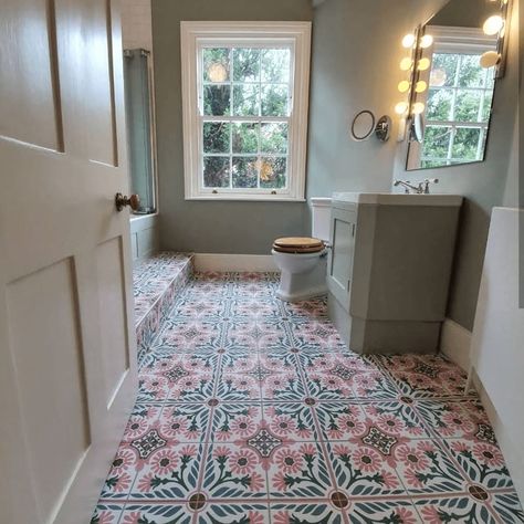 Tiled Hallway, Downstairs Toilet, Patterned Floor Tiles, Pink Tiles, Geometric Tiles, Cement Tiles, Decorative Tiles, Kitchen Floor Tile, Tile Pattern