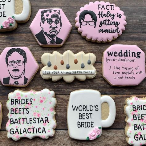 WeddingWire on Instagram: “We're still recovering from The Office being off Netflix, but these bachelorette party cookies are helping. 💕 - - - - 🍪 @vickicookiesbakery” Bachelorette Party Cookies, Office Themed Party, Hens Party Themes, Bachelorette Cookies, The Office Wedding, Bachelorette Inspo, Dark Green Wedding, Themed Bachelorette Party, Bachelorette Planning