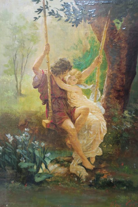 Ecole de la fin du XIXème siècle, d’après Pierre-Auguste Cot (1837 – 1883) La Balançoire ou Le Printemps Huile sur toile. Marquée « D’ap Cot » en bas à droite. Petite restauration ancienne au revers. 33 x 24 cm. School of the late 19th Century after a painting of Pierre-Auguste Cot (1837 – 1883), The Swing or Springtime, oil on canvas. Old restoration on the reverse. Pierre Auguste Cot, World Famous Paintings, Victorian Paintings, Romantic Paintings, Painting Words, 19th Century Paintings, Classic Artwork, Pierre Auguste, Artwork Gifts