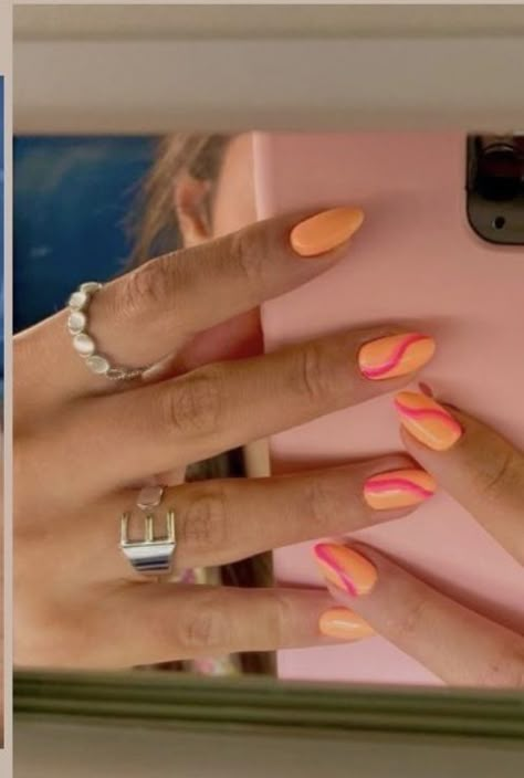 Orange And Pink Design Nails, Cute Nails Pink And Orange, Bright Orange And Yellow Nails, Pastel Orange Nails Almond, Cute Neon Nails Summer Almond, Color Blocked Nails, Orange Pink Nail Designs, Light Orange And Pink Nails, Neon Orange Acrylic Nails Almond