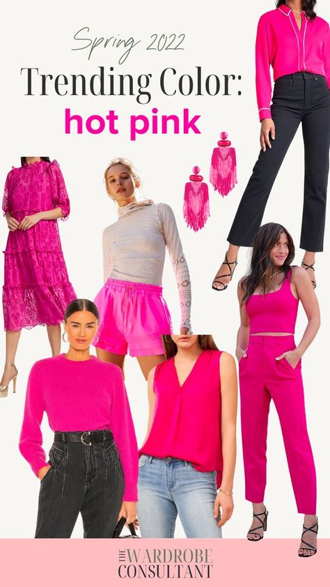 Hot Pink Tops For Women, Hot Pink Shirt Outfit Casual, Hot Pink Trousers Outfit, Fuschia Pink Outfit, Hot Pink Blouse Outfit, Hot Pink Color Combinations, Hot Pink Top Outfit, Hot Pink Pants Outfit, Hot Pink And Black Outfit