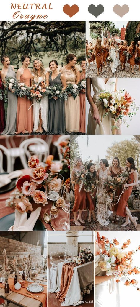 8 Most Understated Neutral Wedding Colors---sunset orange hues for fall and winter, forest weddings, rustic glam weddings, mismatched bridesmaid dresses, wedding bouquets. Elegant Wedding Colors, Forest Weddings, Rustic Glam Wedding, Fall Wedding Color Schemes, Neutral Wedding Colors, Stunning Bridesmaid Dresses, Mismatched Bridesmaids, Mismatched Bridesmaid Dresses, Orange Hues