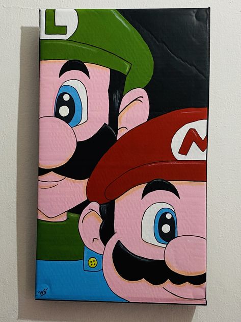 Pinturas acrílicas y cartón reciclado, dan como resultado este lindo cuadro🥰 de Mario y Luigi Super Mario Canvas Painting Easy, Mario Acrylic Painting, Mario And Luigi Painting, Pinturas Acrilicas Cuadros Ideas, Mario Painting Canvases, Mario Canvas Painting, Luigi Painting, Mario Mural, Super Mario Painting