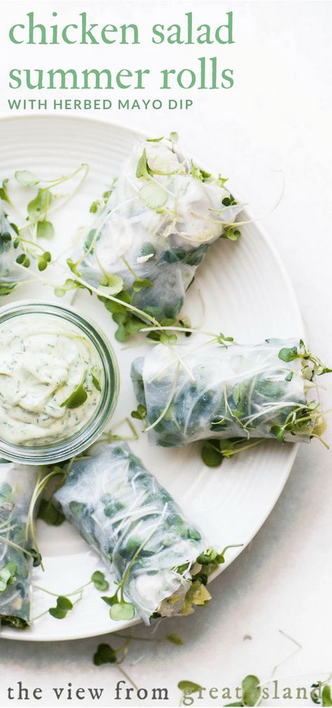 My Chicken Salad Summer Rolls with an herbed mayonnaise dip is a delicious take on classic Vietnamese rice paper rolls. #healthy #recipe #vietnamese #Thai #easy #fresh #chicken #appetizer #lunch #dinner #30minute #glutenfree #chickensalad Mayonnaise Dip, Classic Chicken Salad Recipe, Vietnamese Rice Paper Rolls, Vietnamese Rice Paper, Rice Paper Recipes, Vietnamese Rice, Salad Summer, Salad Rolls, Recipe Paper