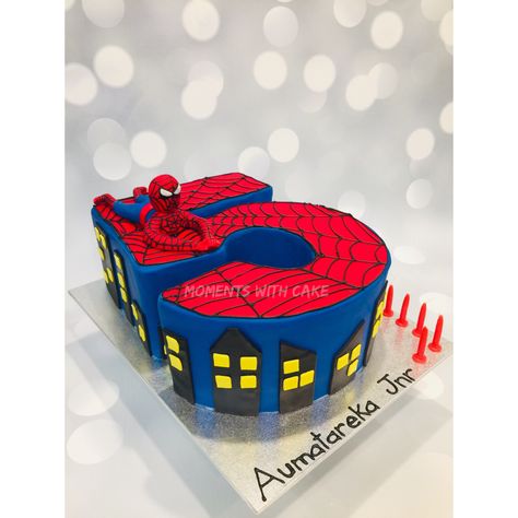 Spiderman inspired number 5 birthday cake.  Hand piped web on top. Moments With Cake Number 5 Spiderman Cake, Number 5 Birthday Cake, 5 Birthday Cake, Spidey Cake, Number 5 Cake, Spidey Party, Spidey Birthday, Cake Designs For Boy, Friends Birthday Cake