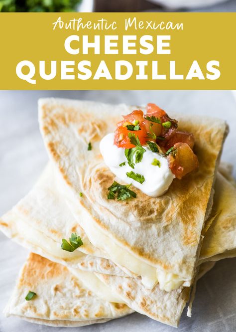 Cheese Quesadillas are so easy to make! This classic recipe takes minutes to prepare and uses authentic Mexican cheeses. Serve with guacamole and salsa for the best snack ever! #cheesequesadillas #quesadillas Easy Cheese Quesadilla, Cheese Quesadilla Recipe, Cheese Quesadillas, Quesadilla Recipe, Homemade Flour Tortillas, Vegetarian Mexican, Mexican Dinner Recipes, Cheese Quesadilla, Easy Cheese