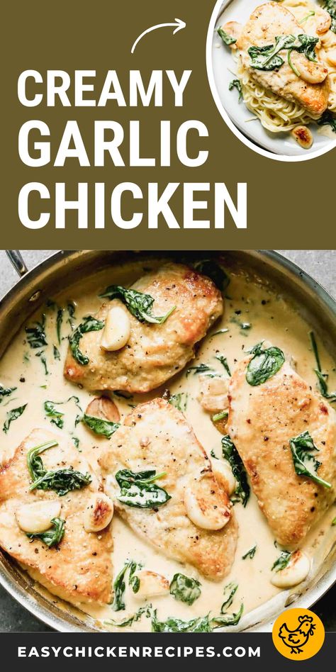 I can't get enough of this 30-minute creamy garlic chicken recipe, made with heavy creamy, white wine, fresh spinach, and lots of garlic! Tender, juicy chicken breasts are cooked to crispy perfection on the stovetop in a creamy garlic sauce that's lip-smacking good. This is a restaurant quality meal that's easy enough to make for weeknight dinners with the family! Stovetop Chicken Recipes, Chicken Spinach Recipes, Chicken Linguine, Creamy Garlic Chicken Recipes, Roasted Garlic Recipe, Garlic Chicken Recipe, Stovetop Chicken, Chicken Breast Crockpot Recipes, Creamy Chicken Recipes