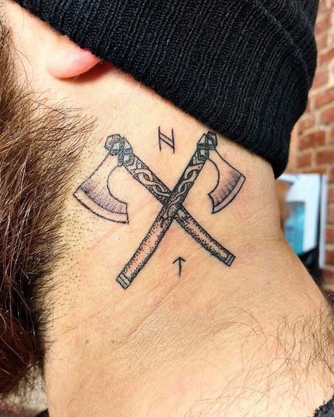 Viking axes #barbaraalt #barbaraalttattoo #tattoo #bpinkdiva #pinkdiva #axes #vikingaxes #viking #vikingtattoo #necktattoo #runes… Viking Tattoos For Men, Norse Mythology Tattoo, Scandinavian Tattoo, Viking Tattoo Symbol, Viking Tattoo Sleeve, Vikings Tattoo, Rune Tattoo, Warrior Tattoos, Geometric Tattoos