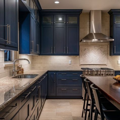 Blue Gray Kitchen Cabinets With Dark Counters, Navy Blue Kitchen Cabinets Quartz Countertops, Navy And Grey Kitchen, Navy Blue Cabinets, Navy Kitchen Cabinets, Blue Gray Kitchen Cabinets, Navy Blue Kitchen Cabinets, Grey Blue Kitchen, Navy Blue Kitchen