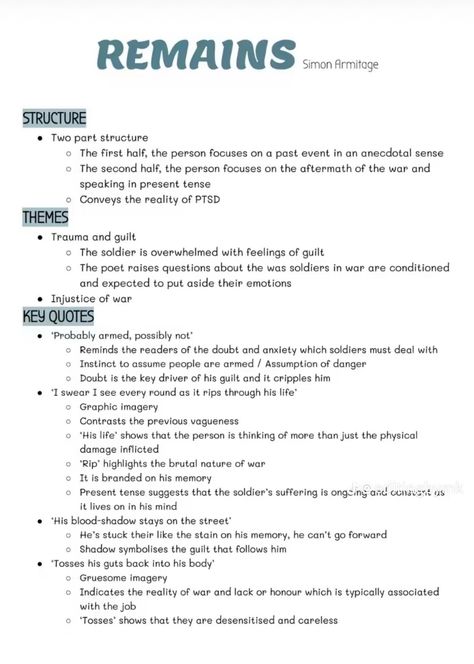 Remains Simon Armitage, English Revision Notes Gcse, Aic Revision, English Language Poem, Poetry Revision, English Literature Poems, Gcse Poems, Revision Help, English Gcse Revision