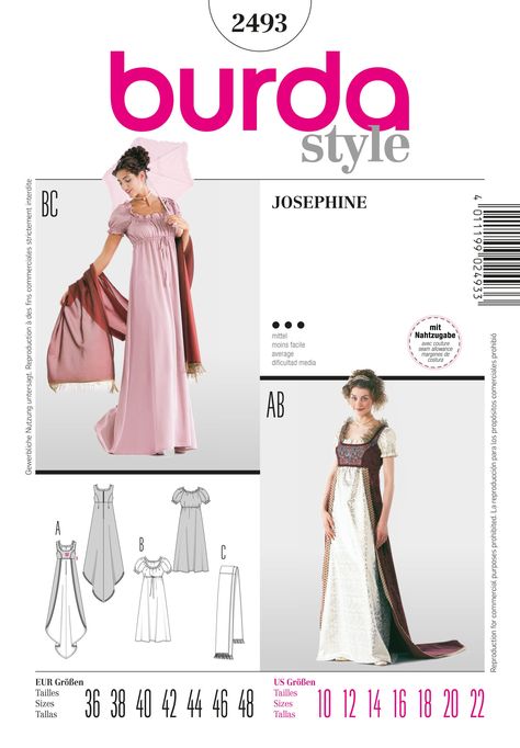 Regency Dress Pattern, Regency Gown, Burda Sewing Patterns, 18th Century Dress, Burda Patterns, Regency Dress, Costume Sewing Patterns, Regency Fashion, Costume Patterns