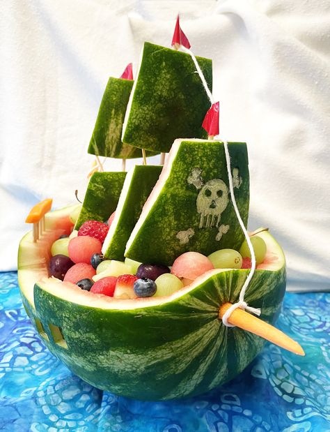 Watermelon Pirate Ship Summer Fruit Basket Fruit Basket Watermelon, Watermelon Basket, Cute Watermelon, Fruit Carving, Pirate Ship, Summer Fruit, Fruit Basket, Shower Ideas, Watermelon