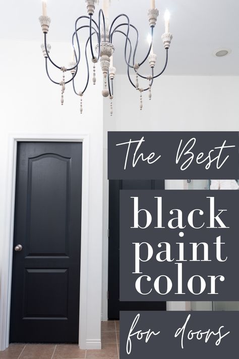 Black Door In Bathroom, White Walls Black Closet Doors, Black Door Inside, Best Black Paint Color For Interior Door, Paint Black Doors Interior, Paint Interior Front Door Black, Paint Doors Interior Ideas, White Interior Black Doors, Black Interior Doors Grey Walls