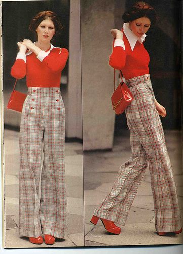 70's Double knit trousers - Faaaab. 60s Outfits For Women, 70s Inspired Outfits, Chique Outfit, Mode Retro, Clothes Reference, 60s 70s Fashion, Work Fits, 70s Inspired Fashion, 70s Outfits