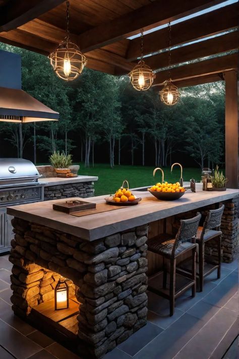 Back Porch Kitchen Ideas Patio, Porch Kitchen Ideas, Patio Bars, Rustic Outdoor Kitchen, Rustic Outdoor Kitchens, Rustic Pergola, Outdoor Cooking Spaces, Outdoor Island, Hacienda Style Homes