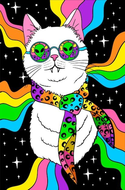 Psychedelic groovy white cat in sunglass... | Premium Vector #Freepik #vector #groovy #trippy #70s #hippie Gatos Aesthetic, Money Lover, Cat In Sunglasses, Bedroom Art Painting, Trippy Cat, Groovy Aesthetic, Future Wallpaper, Retro Space, 70s Hippie