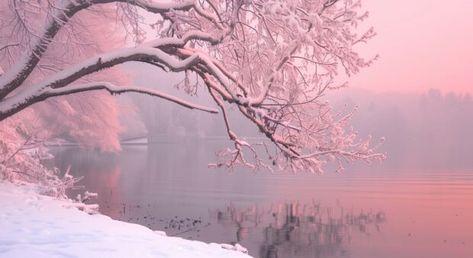 Winter desktop wallpaper with snow covered lake with pink reflections. Cozy Winter Aesthetic Wallpaper Desktop, Pink Winter Desktop Wallpaper, Horizontal Winter Wallpaper, Winter Wallpaper Horizontal, Winter Background Wallpapers Desktop, Snow Background Aesthetic, Winter Aesthetic Wallpaper Desktop, Winter Computer Wallpaper, Winter Laptop Wallpaper