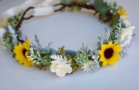 Sunflower & Succulent Flower Crown Rose Flower Crown | Etsy Succulents Wedding Flowers, Succulent Hair, Wedding Flowers Sunflowers, Wreath Sunflower, Sunflower Themed Wedding, Rose Flower Crown, Paper Sunflowers, Succulent Bouquet, Hair Wreaths